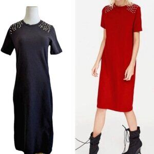 ZARA Midi Slim Fit T-shirt Dress Knit Cotton Pearl Detail, size M